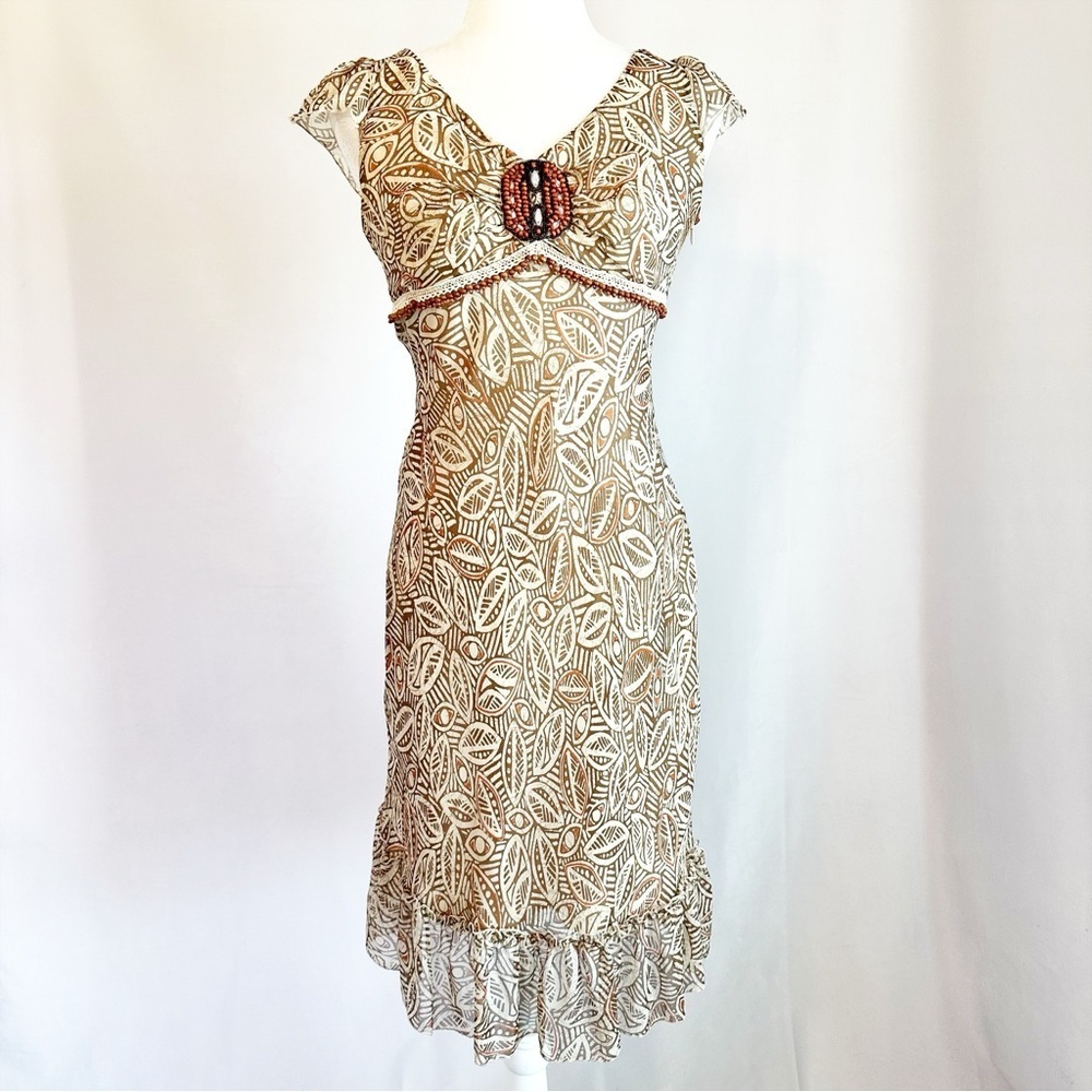 Sangria Silk Beaded Ruffle Hem Midi Dress Tan Orange Leaf Print 8 Petite